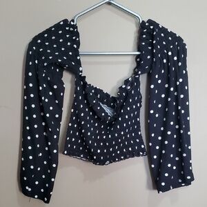 Revamped Polka Dot Smocked Black Top Size Small